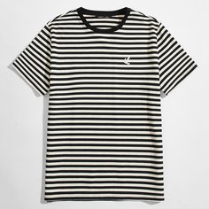 Мужская футболка в полоску с вышивкой птицы Shein