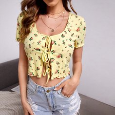 Волнистый край Со цветочками Бохо Женские топы Shein