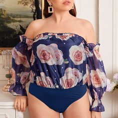 Боди размера плюс с открытыми плечами и цветочным принтом Shein