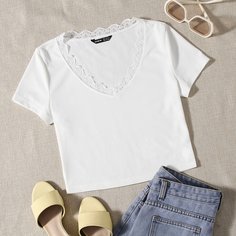 Трикотажная футболка с v-образным вырезом и кружевом Shein
