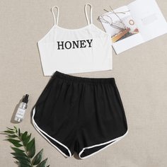 Контрастная отделка буква милый Пижама Shein