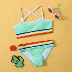 Полосатый Спортивный Купальники для девочек Shein