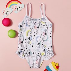 с оборками Мультяшный принт милый купальник для малышей Shein
