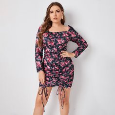 Платье размера плюс на кулиске с цветочным принтом и квадратным воротником Shein