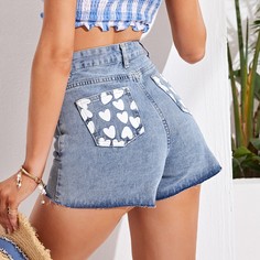 Карман Сердечко Джинсовые шорты Shein
