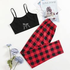 Пижама на бретельках с мультипликационным принтом в клетку Shein