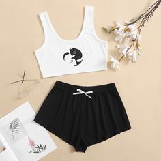 Пижама с принтом кошки Shein