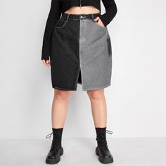 Контрастная джинсовая юбка размера плюс с разрезом Shein