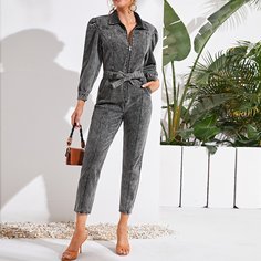 Джинсовый комбинезон с поясом и пышным рукавом Shein