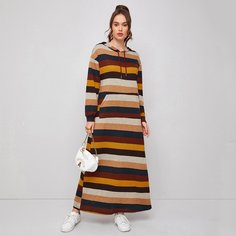 Контрастное платье в полоску на кулиске с капюшоном Shein