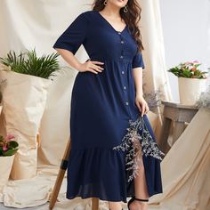 С оборками Одноцветный Повседневный Платья размер плюс Shein