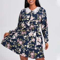 Контрастные кружева Цветочный Повседневный Платья размер плюс Shein