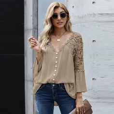 Контрастные кружева Одноцветный Повседневный Блузы Shein