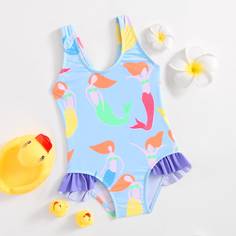 Слитный купальник с оборкой для девочек Shein