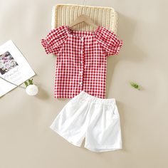 Шорты и блузка на пуговицах в клетку для девочек Shein