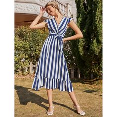 с оборками Полосатый Повседневный Платье Shein