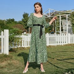 с поясом цветочный Винтажный Платье Shein