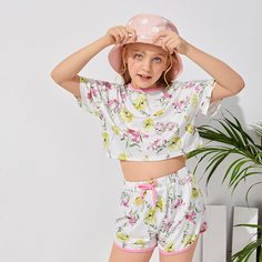 Шорты и футболка с цветочным принтом для девочек Shein