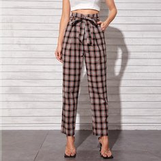 Брюки в клетку с поясом Shein