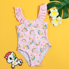 Слитный купальник с принтом единорога и радуги для девочек Shein