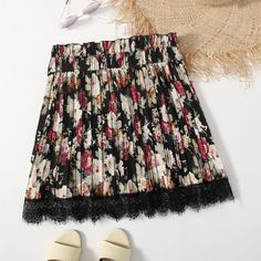 Юбка размера плюс с кружевной отделкой и цветочным принтом Shein