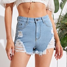 Разрезы Одноцветный Джинсовые шорты Shein