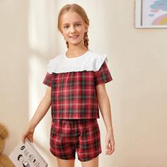 Пижама в клетку с оборкой для девочек Shein