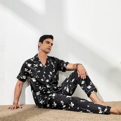 Мужская атласная пижама с цветочным принтом и лацканами Shein