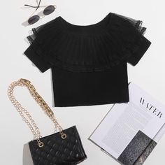 Контрастная сетка Одноцветный Повседневный Трикотажные топы Shein