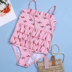 Слитный купальник в полоску с принтом фламинго для девочек Shein