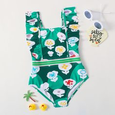 Слитный купальник с цветочным принтом для девочек Shein