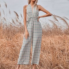 Комбинезон в клетку с отккрытой спиной и узлом сзади Shein