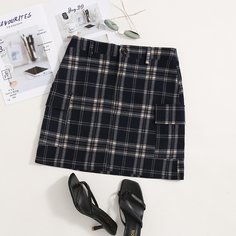 на пуговицах Клетчатый Институтский Юбки Shein