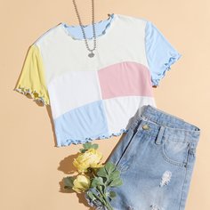 Контрастная кроп-футболка с волнистым краем Shein