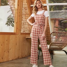 с поясом Клетчатый Институтский Комбинезоны Shein