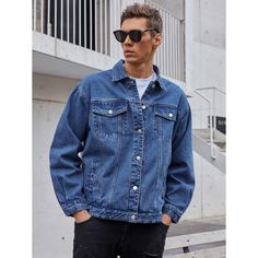 с карманами Одноцветный Мужские джинсовые куртки Shein