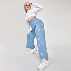 на пуговицах графический принт Джинсы размер плюс Shein