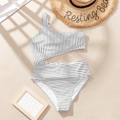 Слитный купальник в полоску на одно плечо с разрезом Shein