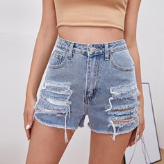 Карман Одноцветный Джинсовые шорты Shein