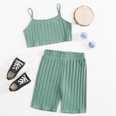 Вязаная майка и велошорты в рубчик для девочек Shein