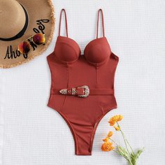 Слитный купальник в рубчик на косточках Shein