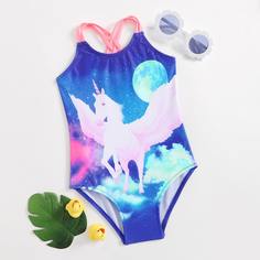 Слитный купальник с принтом единорога для девочек Shein