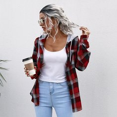 с карманами Клетчатый Повседневный Куртка Shein