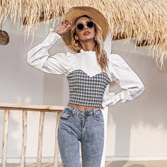 Воротник с оборкой Клетчатый Элегантный Блузы Shein
