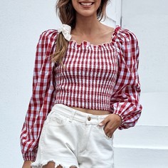 Короткий топ в клетку с оригинальным рукавом Shein