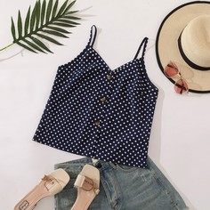 Короткий топ на подтяжках на пуговицах в горошек Shein