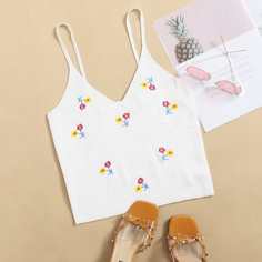 Трикотажный топ с цветочной вышивкой Shein