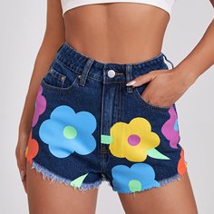 Пугавица Цветочный Джинсовые шорты Shein