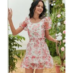 Платье из органзы с поясом и цветочным узором Shein