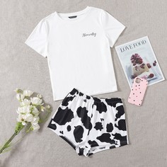 Пижама с текстовым и коровьим принтом Shein
